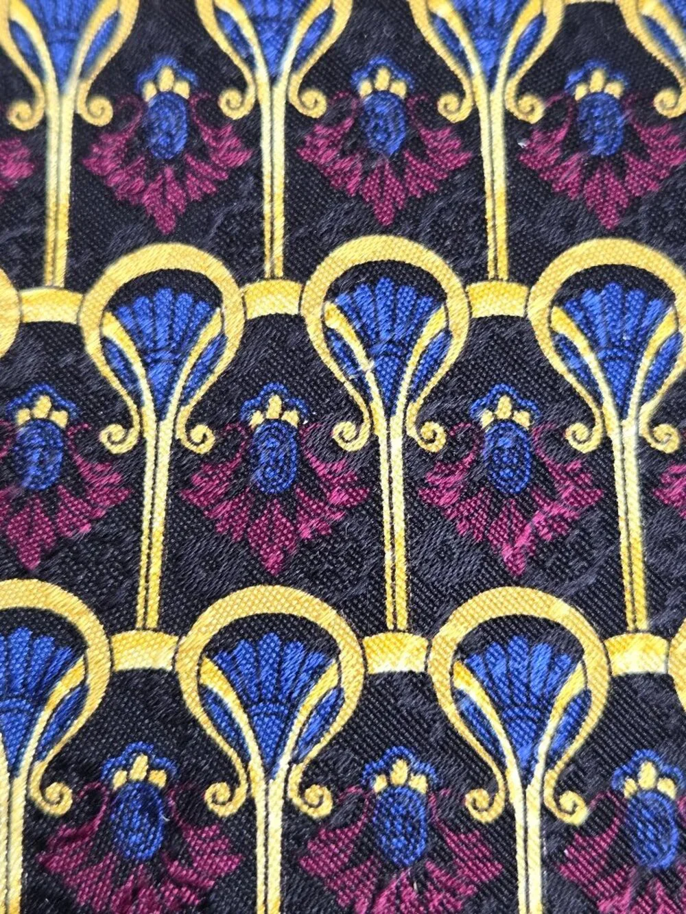 Adolfo 100% Silk Men's Tie Dark Red Blue Gold Repeating Pattern Office Gifts